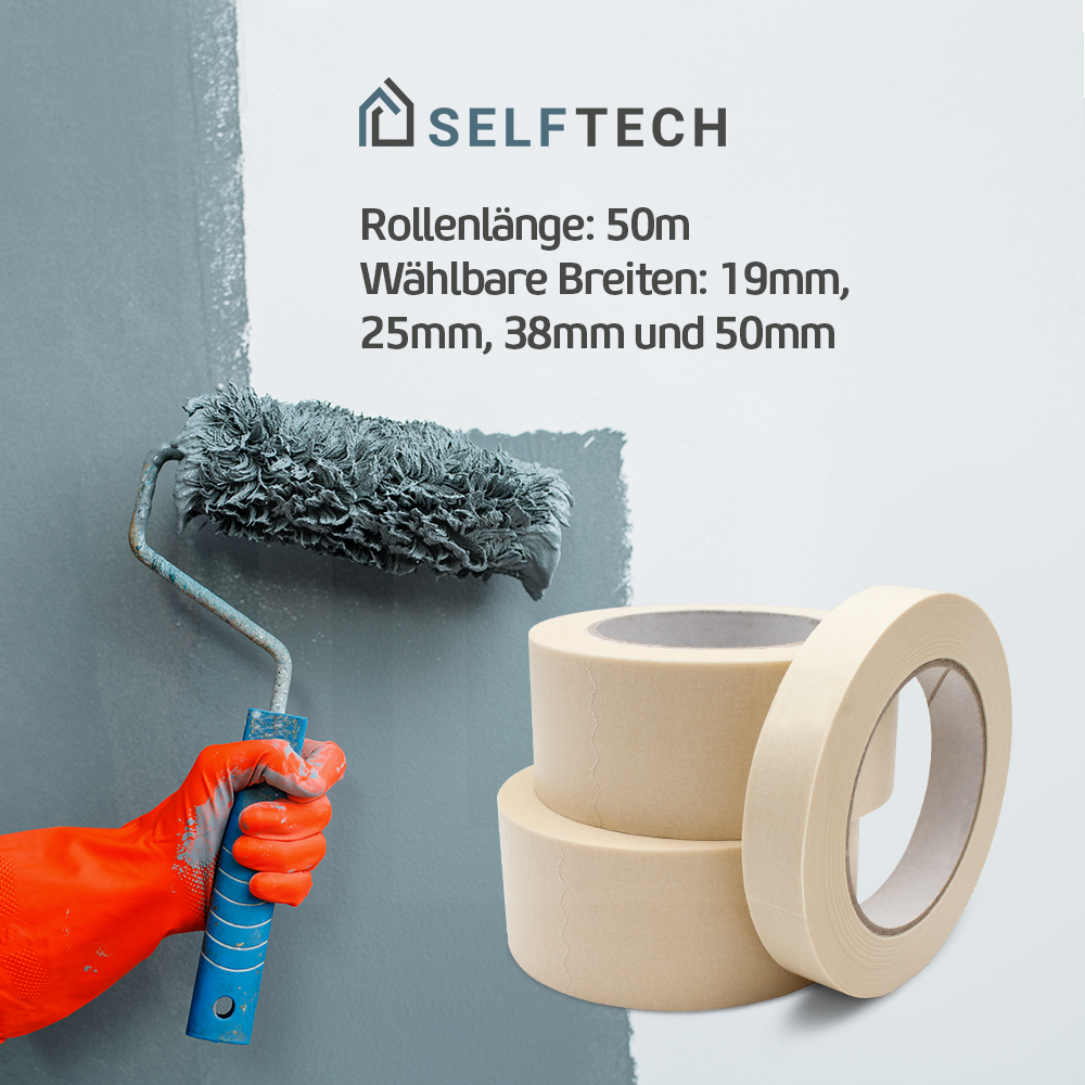 Maler-Krepp-Klebeband – Detailansicht der Rolleneigenschaften, gleichmäßiger Abzug und präzise Kantenführung für professionelle Streich- und Lackierarbeiten-Breiten