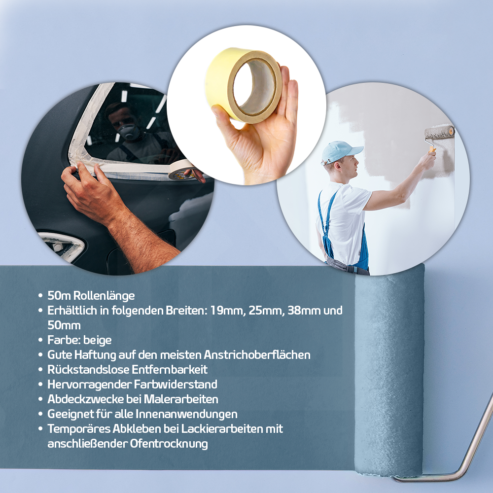 Maler-Krepp-Klebeband – ideal zum sauberen Abkleben bei Streicharbeiten und Autolackierungen, saubere Farbkanten und rückstandsfreie Entfernung