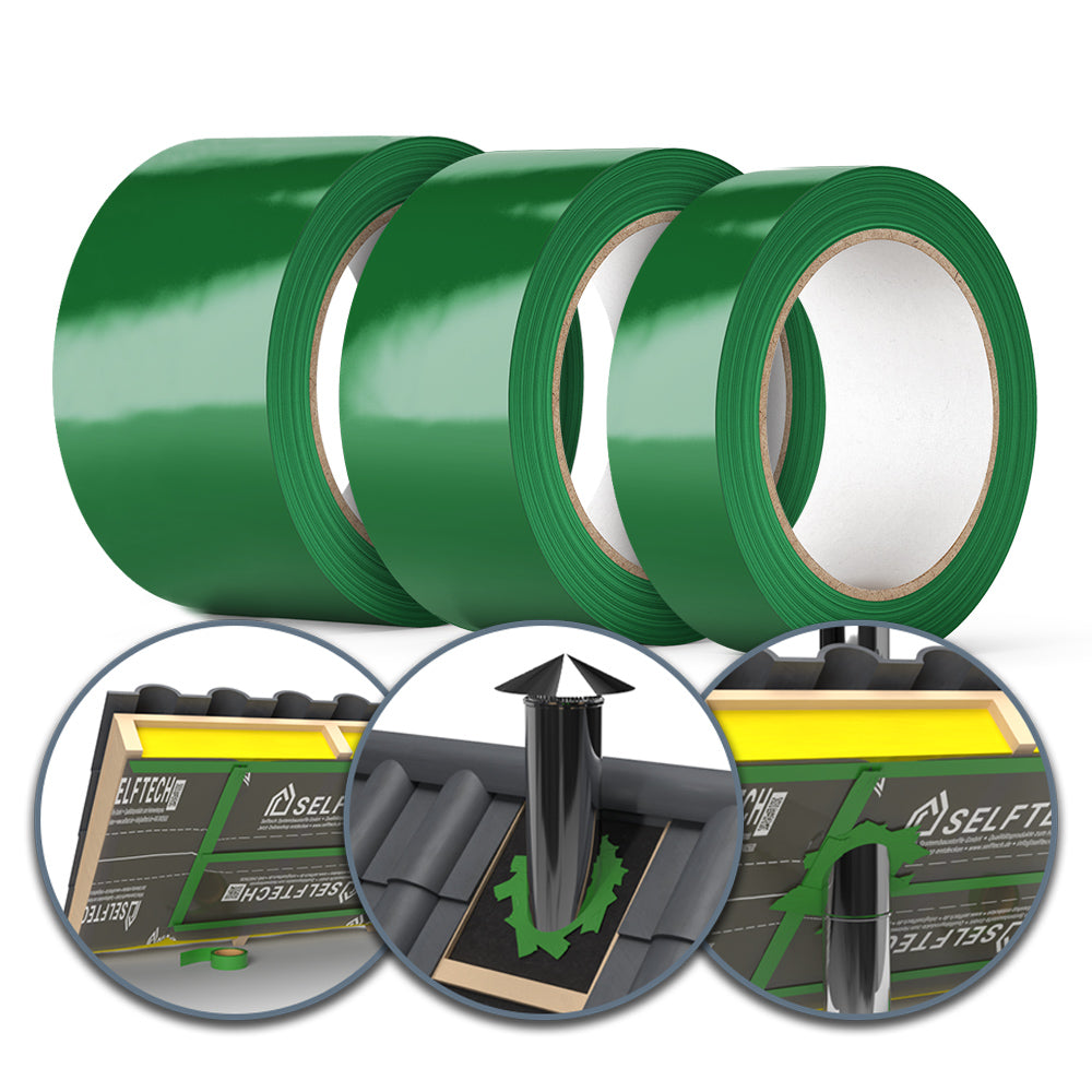 CT Roof Tape Hochleistungs-Klebeband für Dachbahnen, grüne Rollen mit Zusatzbildern, geeignet für dauerhafte Abdichtungen im Dachbau