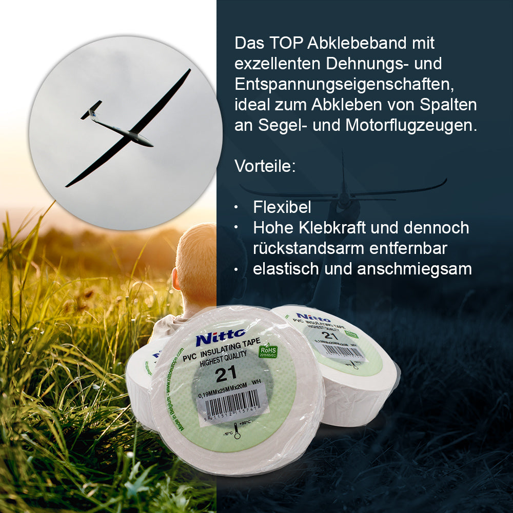 Erklärungsgrafik zur Anwendung von Nitto 21 weiß – Spezialklebeband für temporäre Reparaturen an Segelflugzeugen und glatten Oberflächen