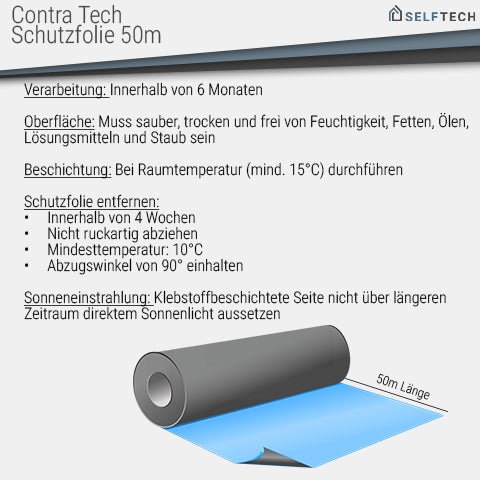 Contra-Tech Schutzfolie blau-transparent und transparent – Produktbild mit Informationen zu den Farbvarianten im Onlineshop der Selftech Systembaustoffe GmbH