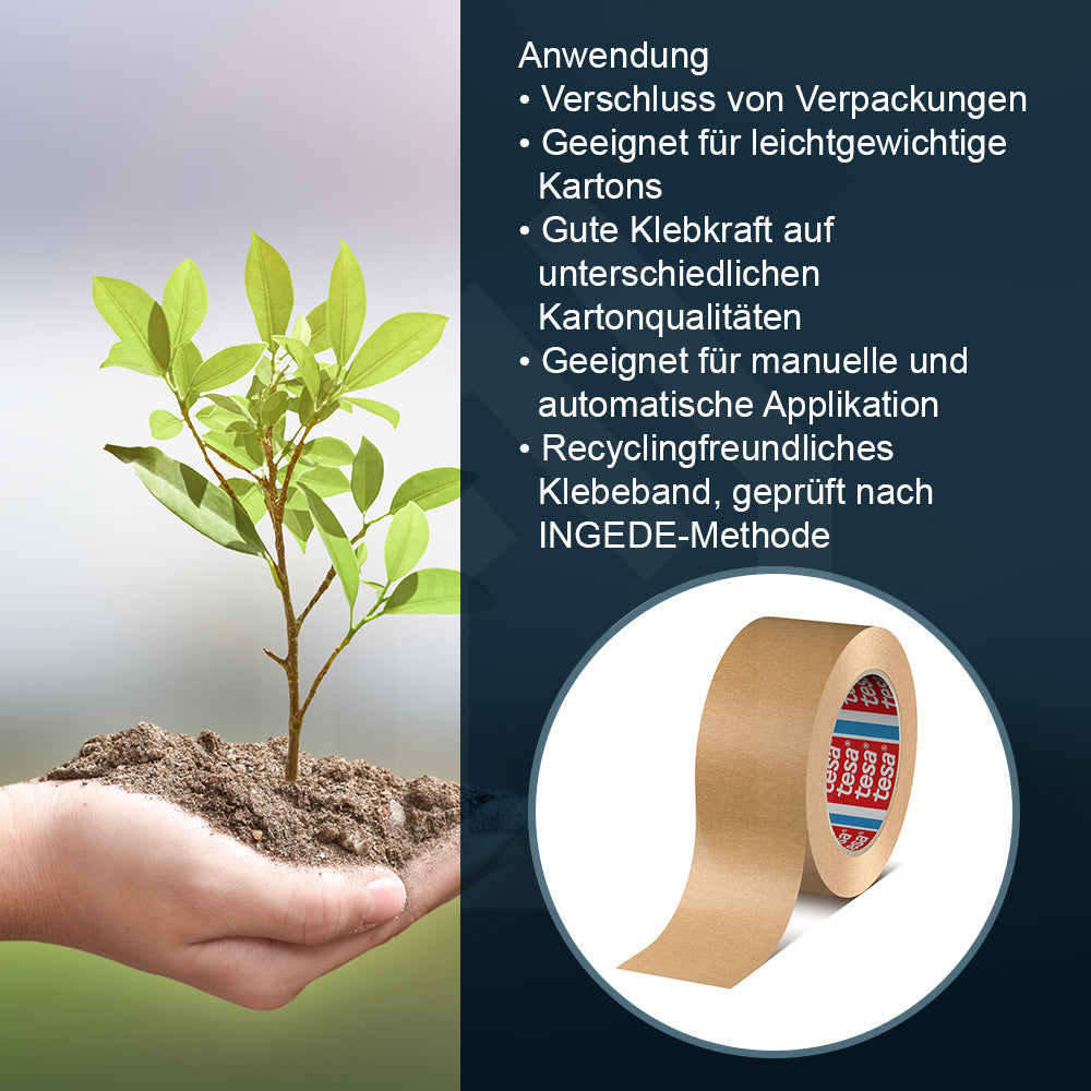 tesa 4713 Papierklebeband – umweltfreundliches Universal-Packband aus recycelbarem Papier für leichtes Verpacken und Verschließen von Kartons