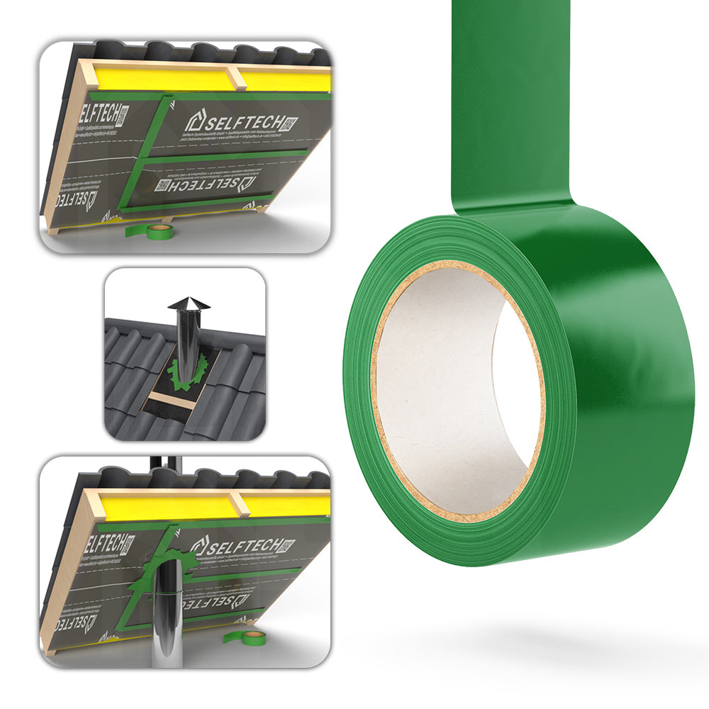 CT Roof Tape Hochleistungs-Klebeband für Dachbahnen, grüne Rollen mit Zusatzbildern, hängend präsentiert, inklusive Infobereich zur Anwendung im Dachbau