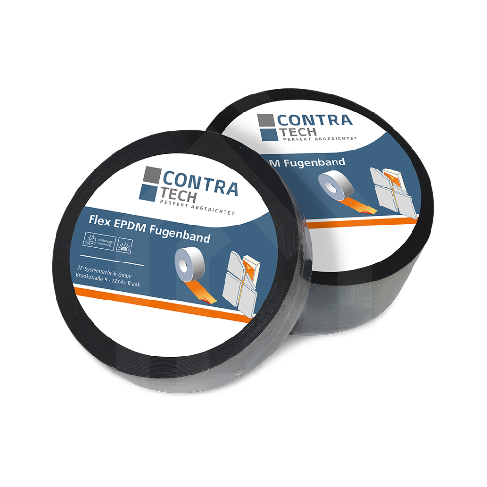 Contra Tech Flex EPDM Fugendichtband, 20-Meter-Rolle, Produktbild mit Etikett, flexibles und widerstandsfähiges Dichtband für sichere Abdichtungen von Fugen und Bauanschlüssen