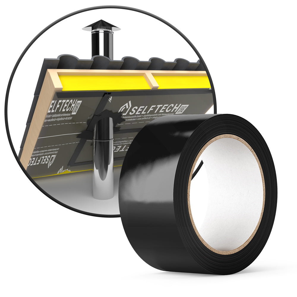 CT Roof Tape Hochleistungs-Klebeband für Dachbahnen, Einzelrolle in Schwarz mit Grafik, geeignet für dauerhafte Abdichtungen im Dachbau