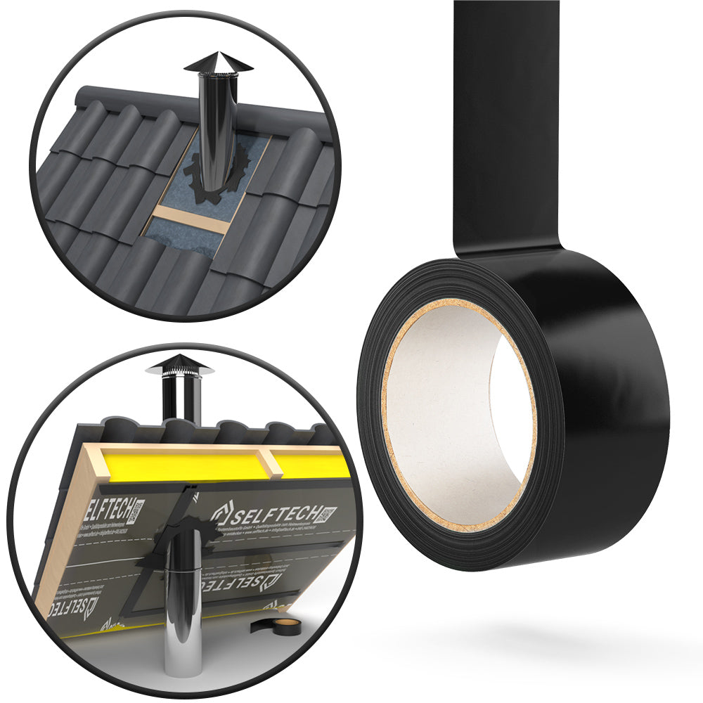 CT Roof Tape Hochleistungs-Klebeband für Dachbahnen, schwarze Rollen mit Zusatzbildern, hängend präsentiert, inklusive Infobereich zur Anwendung im Dachbau