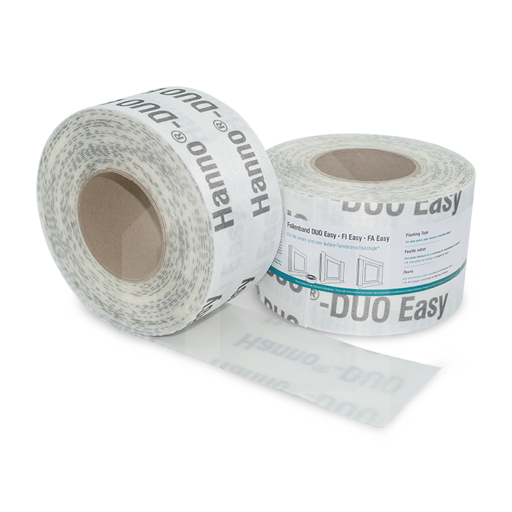 Hanno Folienband Duo Easy, Produktbild mit zwei Rollen selbstklebendem Abdichtungsband für flexible und dauerhafte Abdichtung im Bau- und Fensterbereich