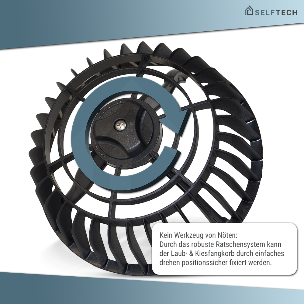 Laubfangkorb mit Drehmechanik – funktionales Dachablaufgitter von Selftech, schützt Dachentwässerungssysteme vor Verstopfungen durch Laub und Schmutz