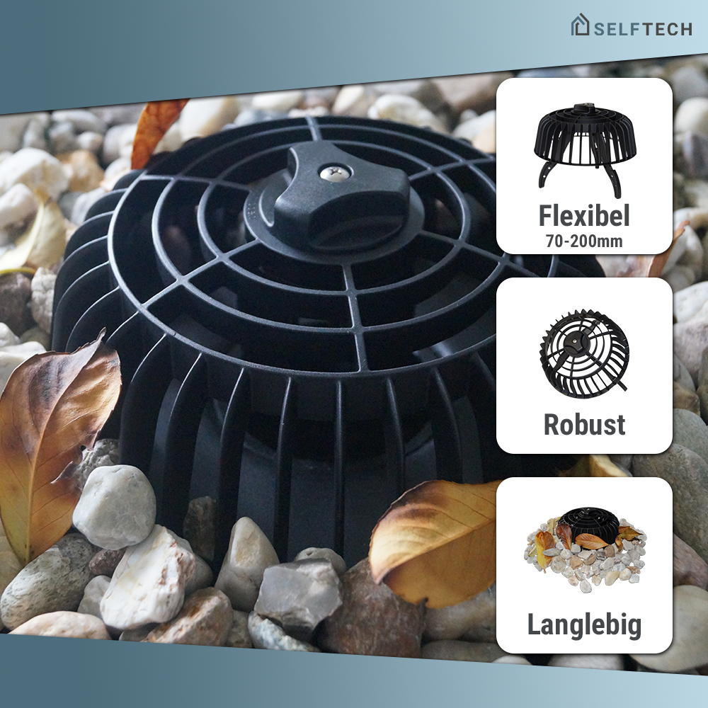 Laubfangkorb mit Drehmechanik – Dachablaufgitter von Selftech in Seitenansicht, schützt zuverlässig vor Laubverstopfung, einfache Handhabung dank Drehmechanismus