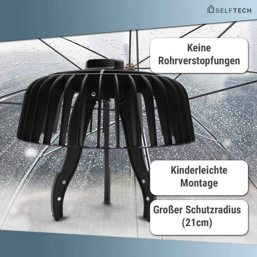 Laubfangkorb mit Drehmechanik – Detailansicht des Dachablaufgitters von Selftech zur Laubvermeidung, mit drehbarem Kopfteil für werkzeuglose Reinigung