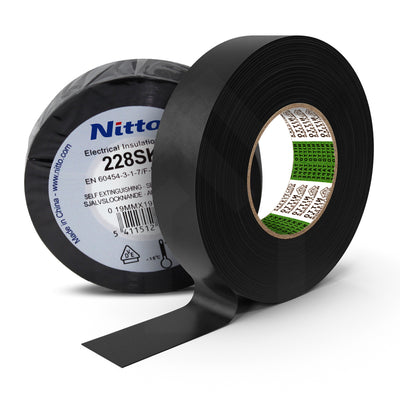 Selftech Nitto 228 VDE-PVC-Isolierband – technische Zusatzgrafik mit Detailangaben zu Temperaturbeständigkeit, Spannung und Zertifizierung für professionelle Elektroanwendungen