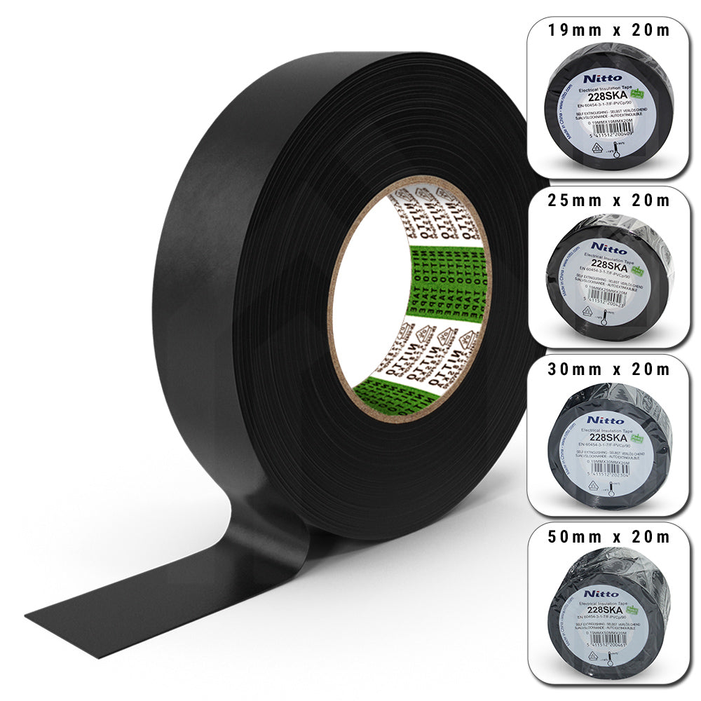 Selftech Nitto 228 VDE-PVC-Isolierband – technische Zusatzgrafik mit Detailangaben zu Temperaturbeständigkeit, Spannung und Zertifizierung für professionelle Elektroanwendungen
