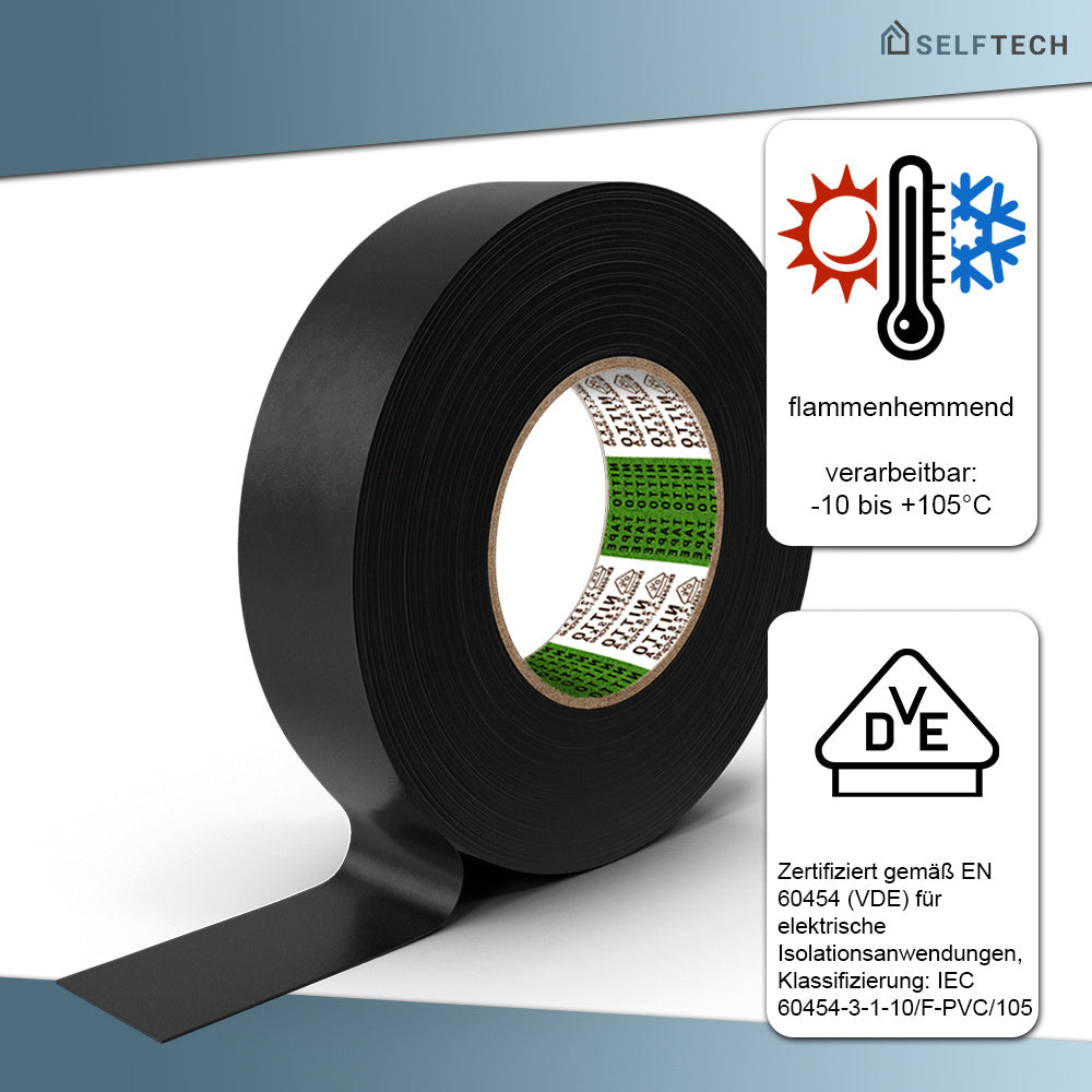 Selftech Nitto 228 VDE-PVC-Isolierband – technische Zusatzgrafik mit Detailangaben zu Temperaturbeständigkeit, Spannung und Zertifizierung für professionelle Elektroanwendungen