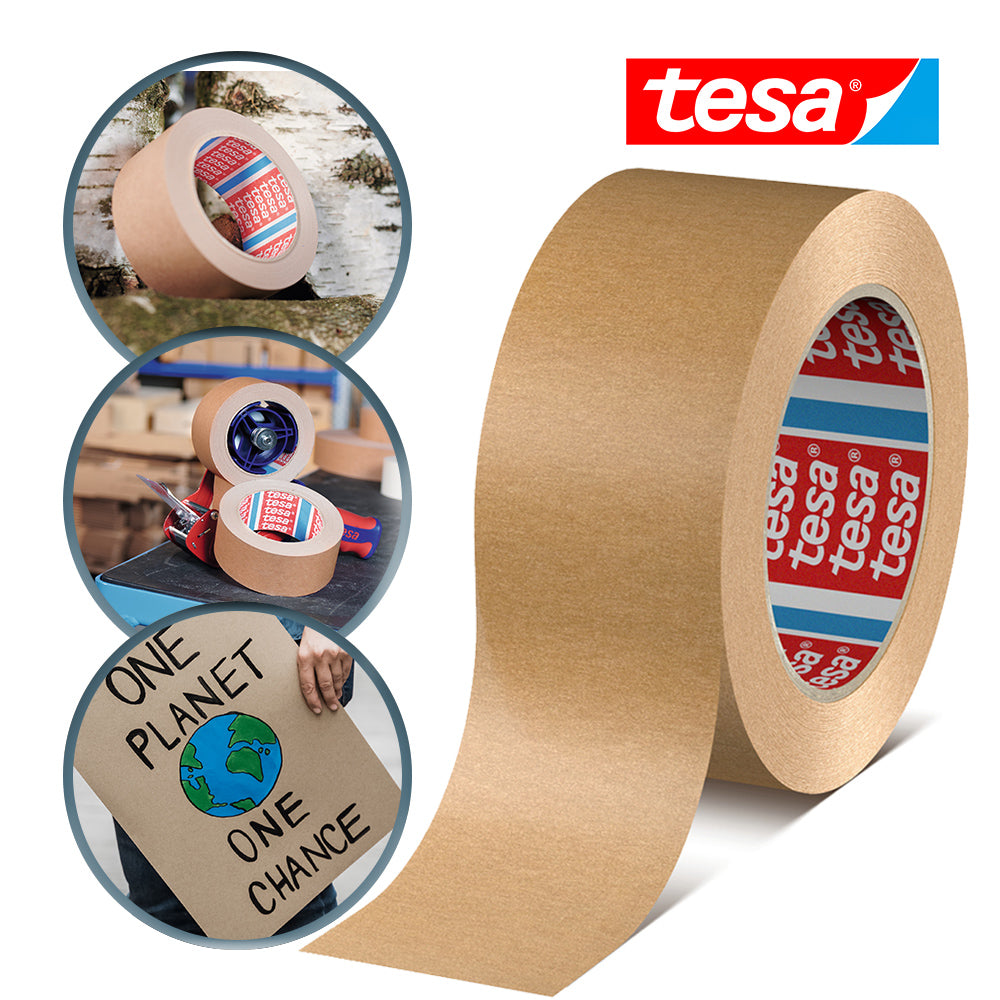 tesa 4713 Papierklebeband mit Nachhaltigkeitssymbolen und Anwendungsillustrationen – umweltfreundliches, recycelbares Universal-Packband für vielseitigen Einsatz